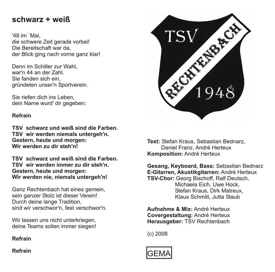 schwarz + weiss - Vereinshymne des TSV-Rechtenbach