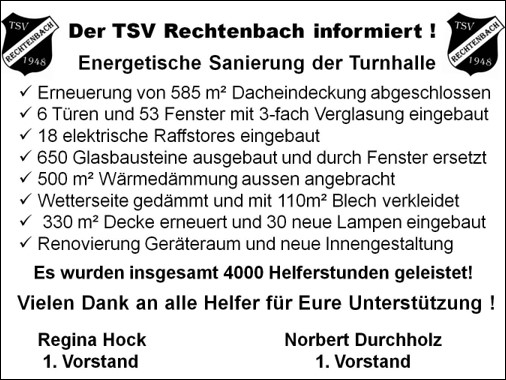 2. Turnhallenrenovierung 2011-2014 - TSV Rechtenbach informiert über geleistete Arbeiten