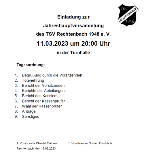 Einladung JHV TSV Rechtenbach 2023