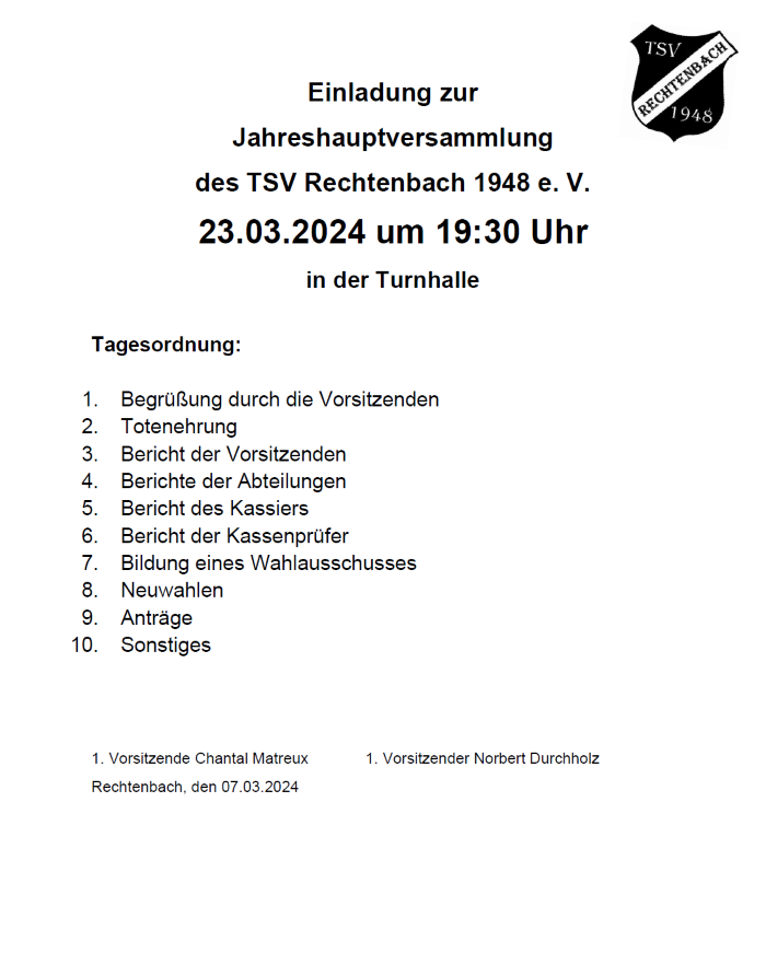 Einladung JHV TSV Rechtenbach 2024